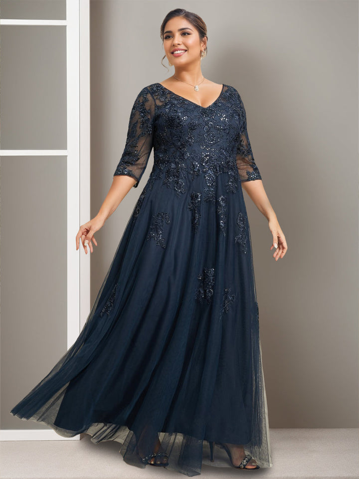 A-Line/Princess V-Neck Half Sleeves Floor-Length Plus Size Mother of the Bride Dresses with Sequins