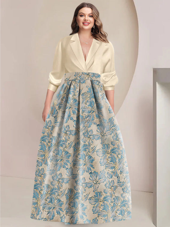 A-Line/Princess Shirt Collar 3/4 Sleeves Printed Flower Mother of the Bride & Groom Dresses