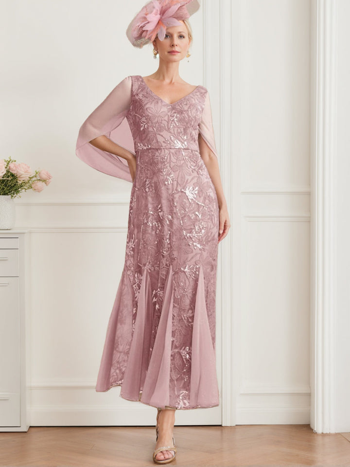 A-Line/Princess V-Neck Half Sleeves Ankle-Length Mother of the Bride Dresses with Solid Color & Lace