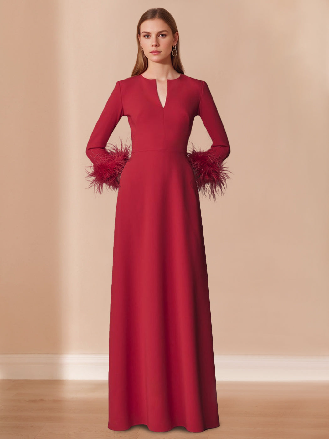 A-Line/Princess V-Neck Long Sleeves Floor-Length Mother of the Bride Dresses with Feathers