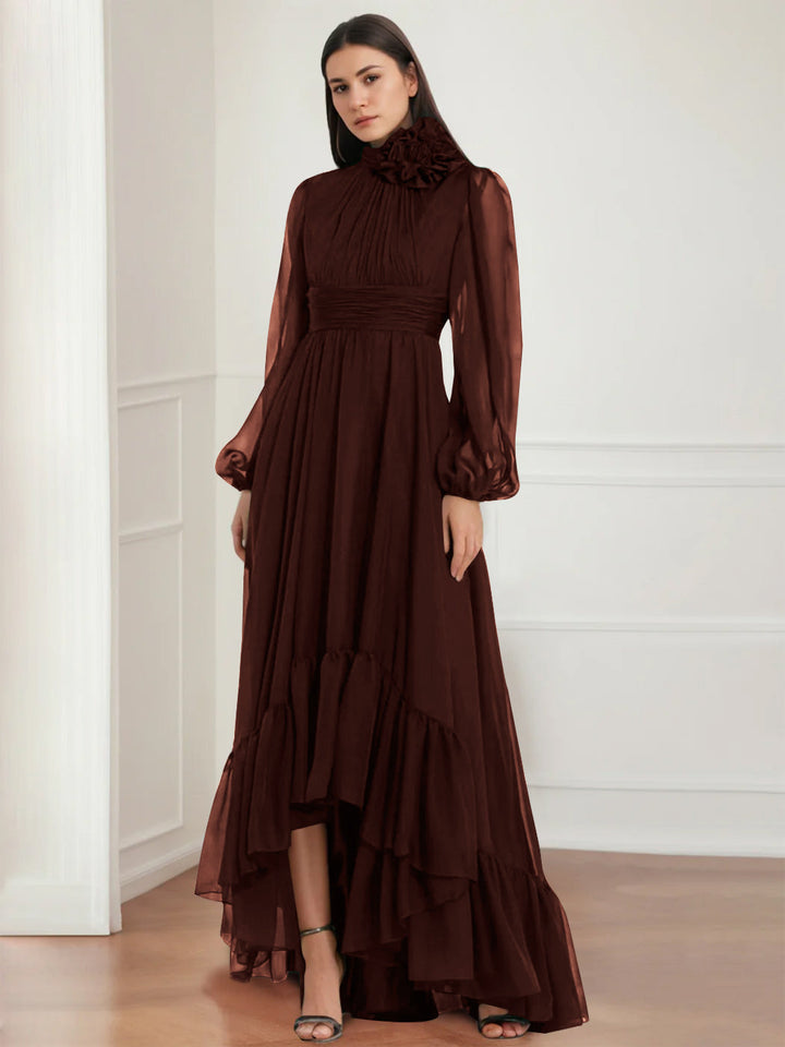 A-Line/Princess Jewel Neck Long Sleeves Asymmetrical Mother of the Bride Dresses with Flower & Ruffles