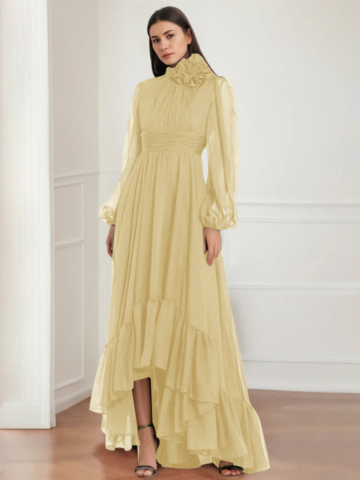 A-Line/Princess Jewel Neck Long Sleeves Asymmetrical Mother of the Bride Dresses with Flower & Ruffles