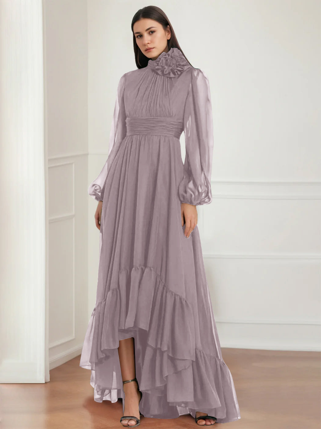 A-Line/Princess Jewel Neck Long Sleeves Asymmetrical Mother of the Bride Dresses with Flower & Ruffles