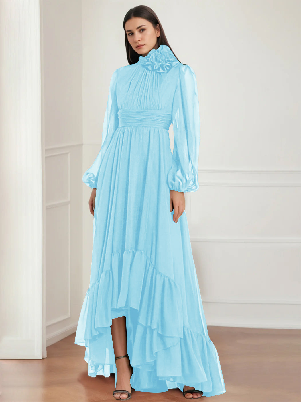 A-Line/Princess Jewel Neck Long Sleeves Asymmetrical Mother of the Bride Dresses with Flower & Ruffles