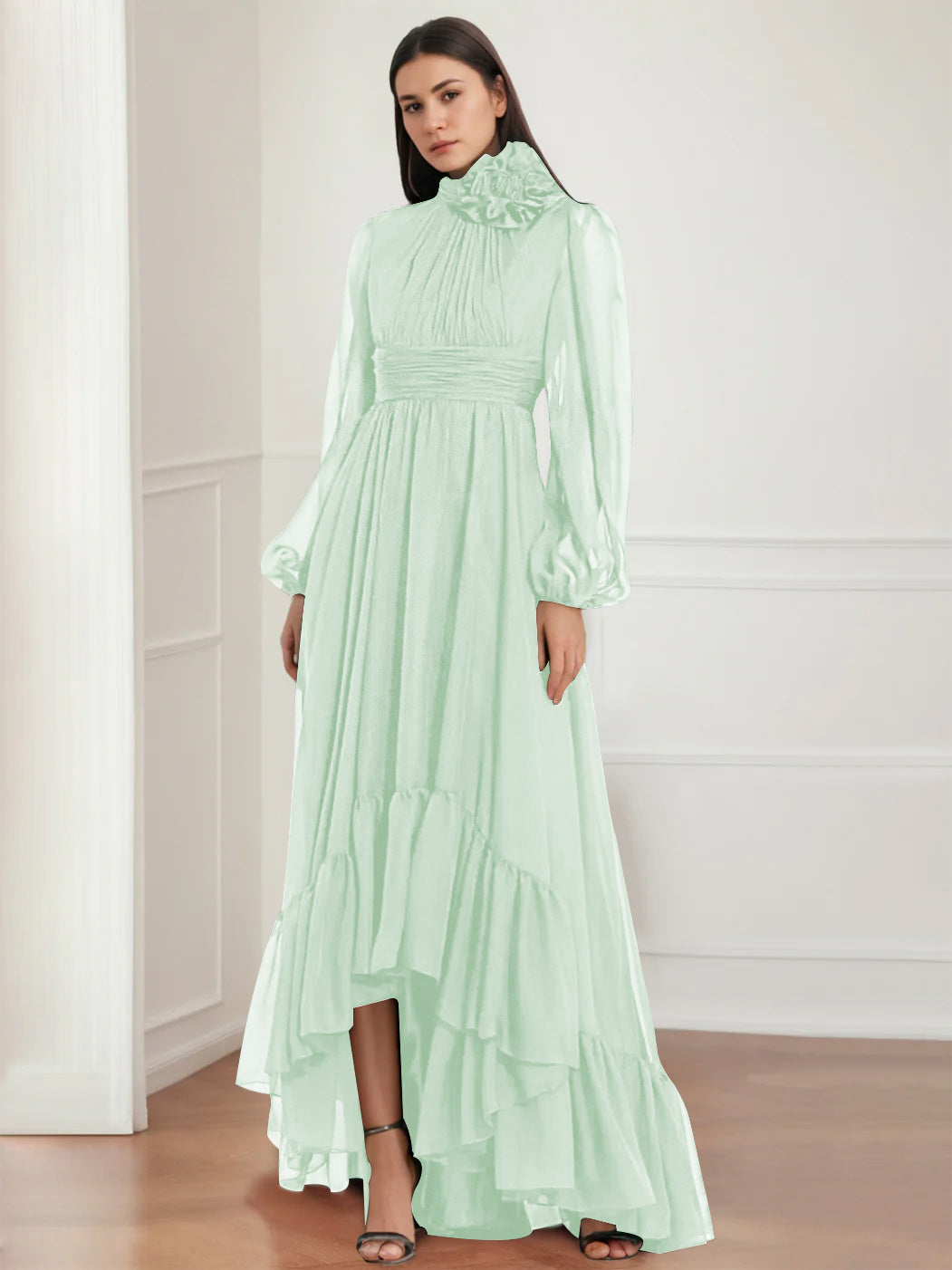 A-Line/Princess Jewel Neck Long Sleeves Asymmetrical Mother of the Bride Dresses with Flower & Ruffles