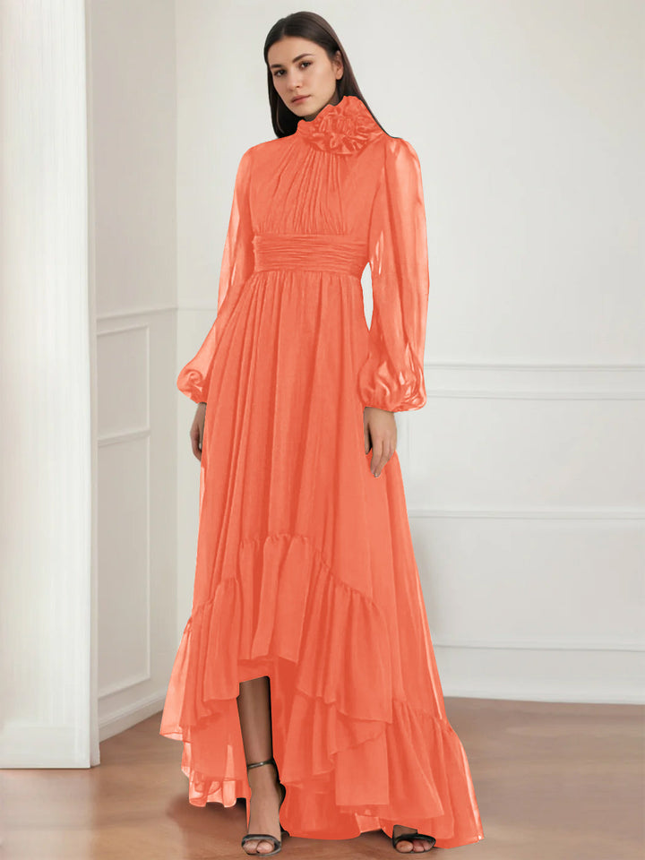 A-Line/Princess Jewel Neck Long Sleeves Asymmetrical Mother of the Bride Dresses with Flower & Ruffles