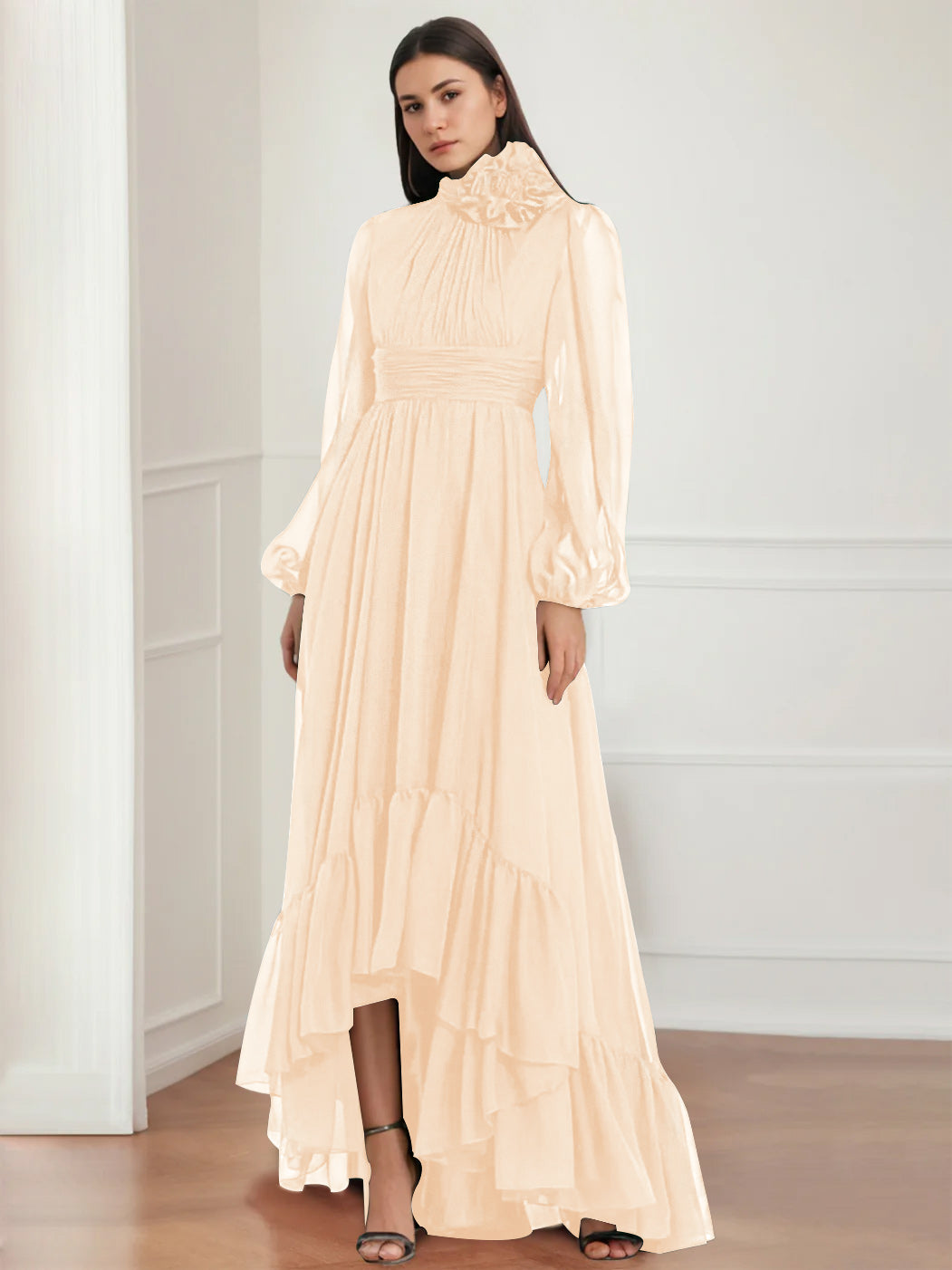 A-Line/Princess Jewel Neck Long Sleeves Asymmetrical Mother of the Bride Dresses with Flower & Ruffles