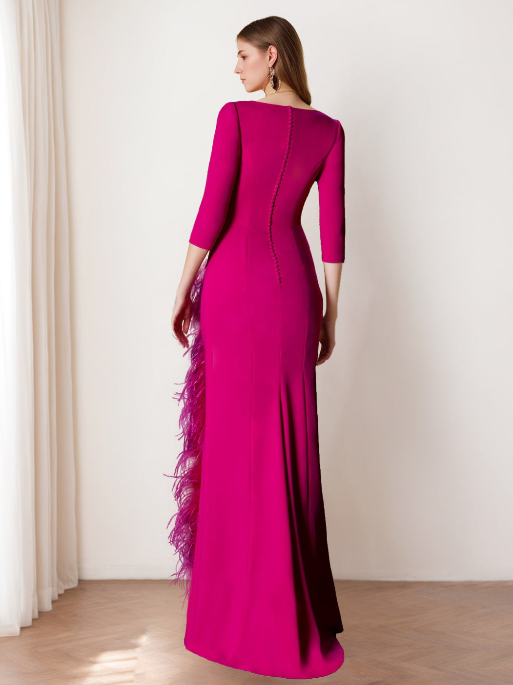 Sheath/Column V-Neck 3/4 Length Sleeves Floor-Length Mother of the Bride dresses with Feathers