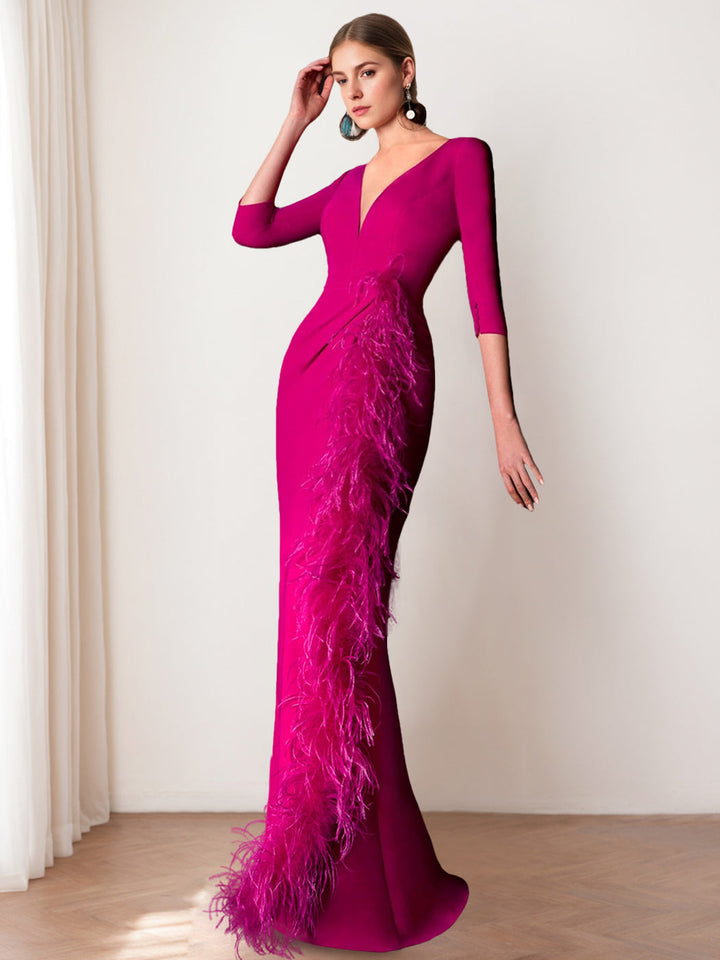 Sheath/Column V-Neck 3/4 Length Sleeves Floor-Length Mother of the Bride dresses with Feathers