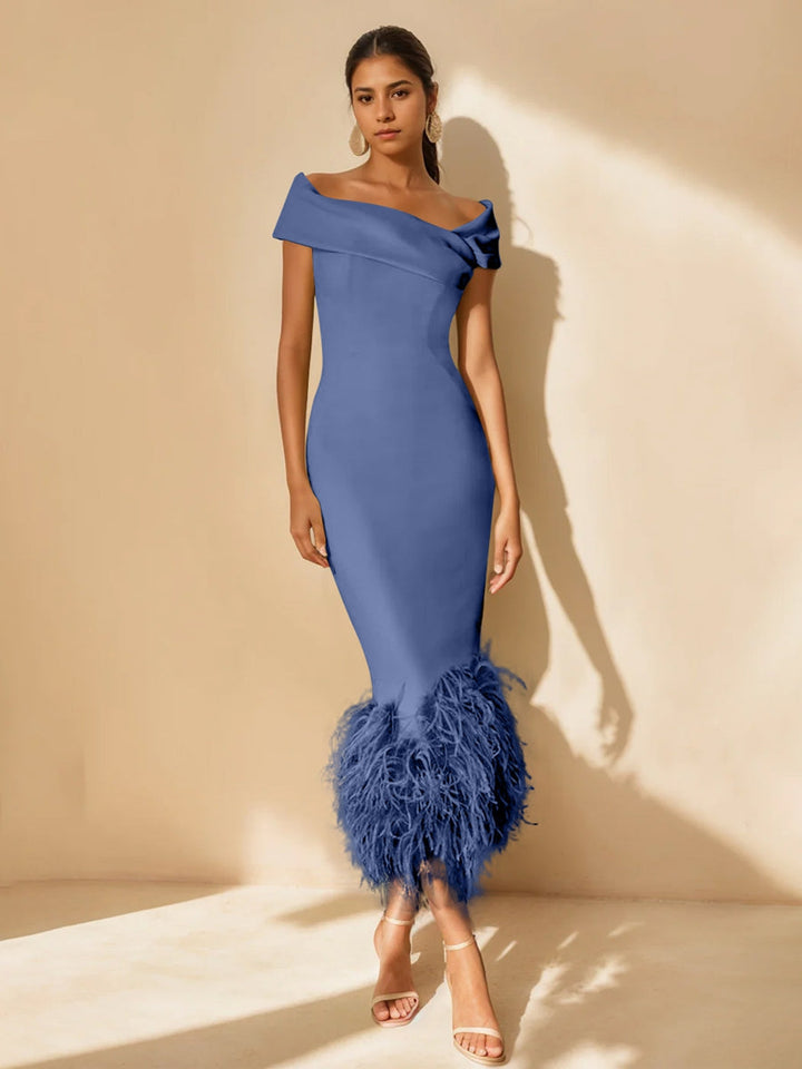 Sheath/Column Off-the-Shoulder Short Sleeves Tea-Length Unique Mother of the Bride Dresses with Feathers
