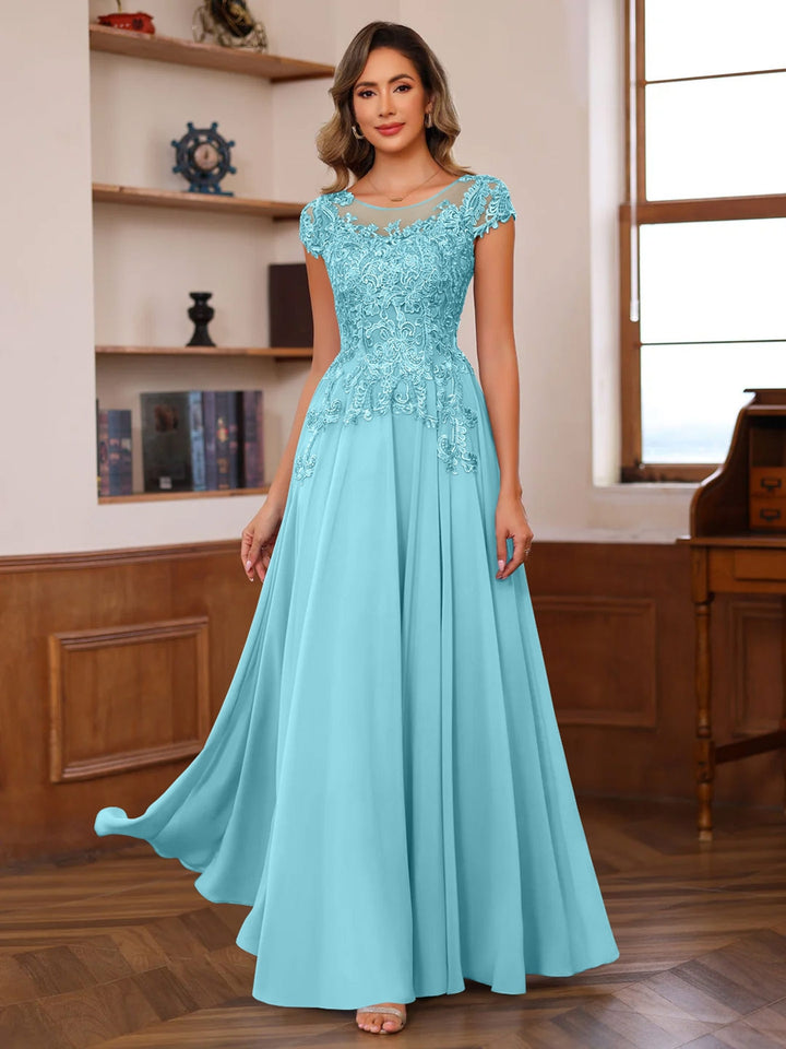 A-Line/Princess Scoop Neck Short Sleeves Floor-Length Mother of the Bride Dresses with Appliques