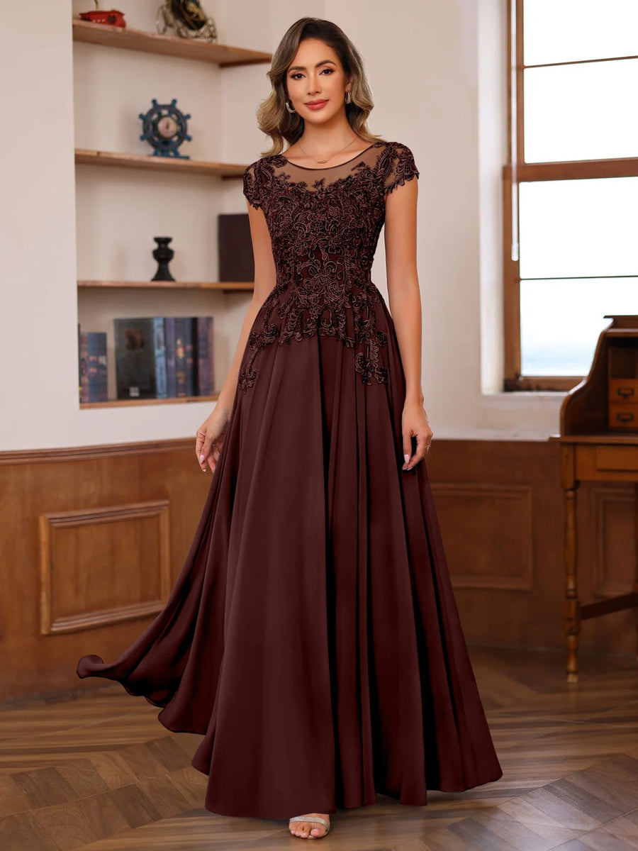 A-Line/Princess Scoop Neck Short Sleeves Floor-Length Mother of the Bride Dresses with Appliques