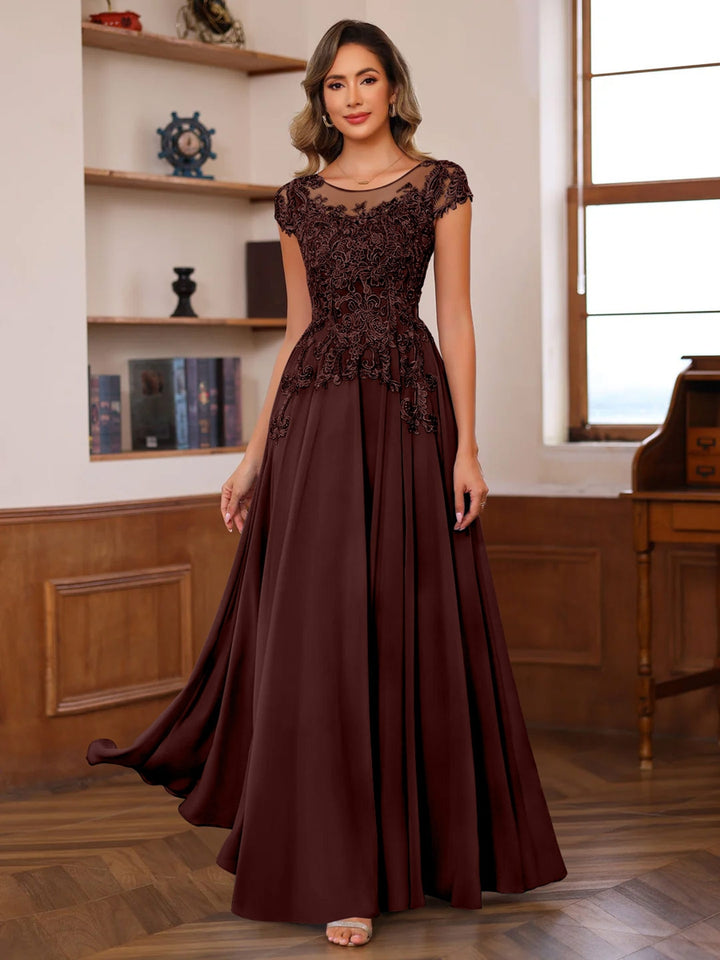 A-Line/Princess Scoop Neck Short Sleeves Floor-Length Mother of the Bride Dresses with Appliques