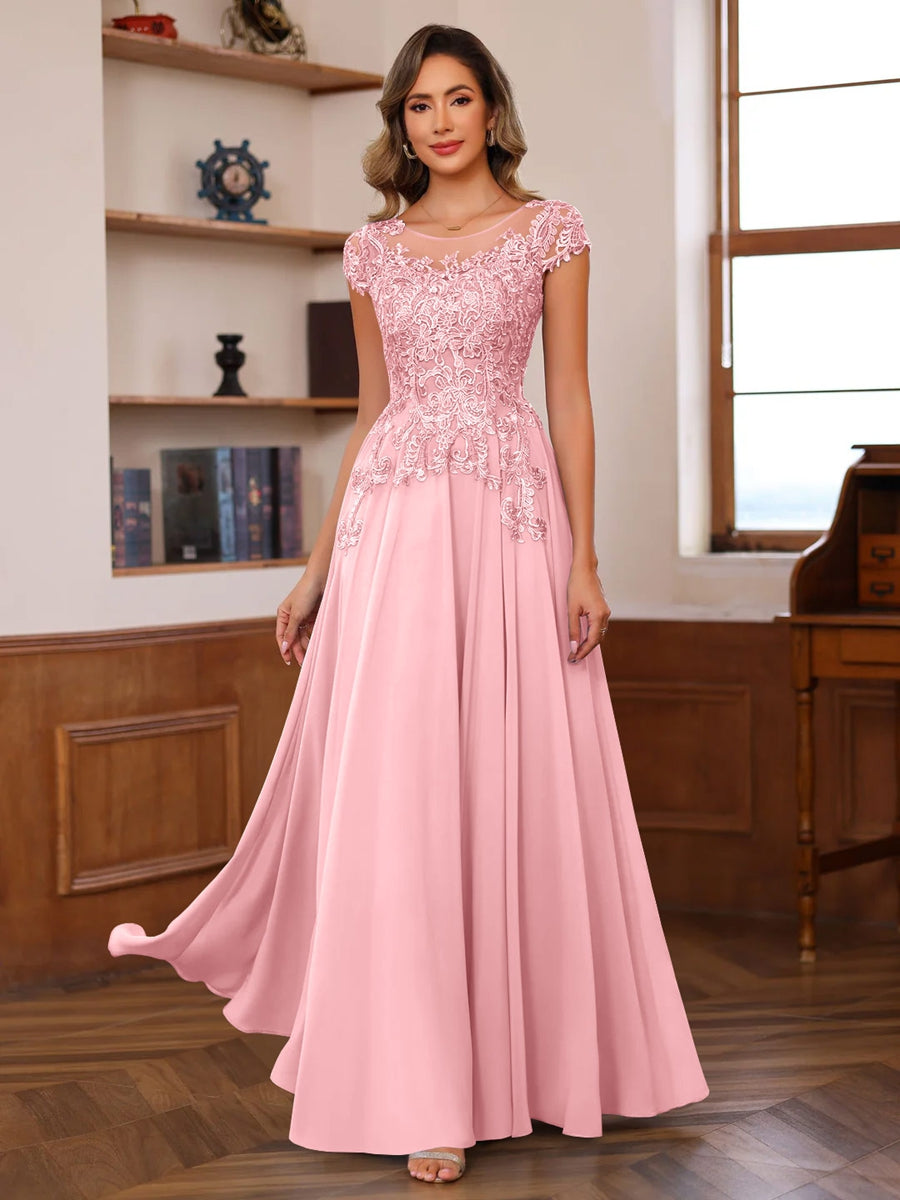 A-Line/Princess Scoop Neck Short Sleeves Floor-Length Mother of the Bride Dresses with Appliques