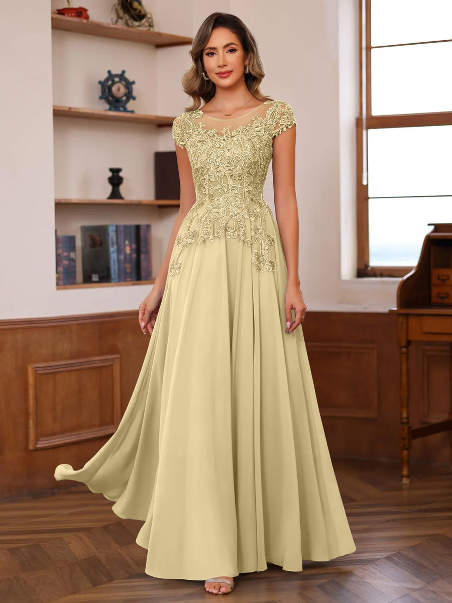 A-Line/Princess Scoop Neck Short Sleeves Floor-Length Mother of the Bride Dresses with Appliques