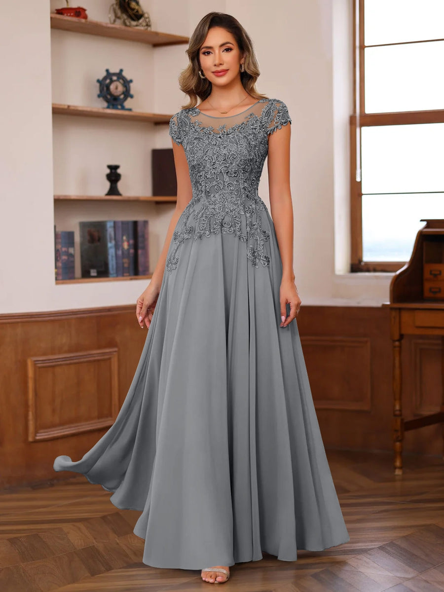 A-Line/Princess Scoop Neck Short Sleeves Floor-Length Mother of the Bride Dresses with Appliques