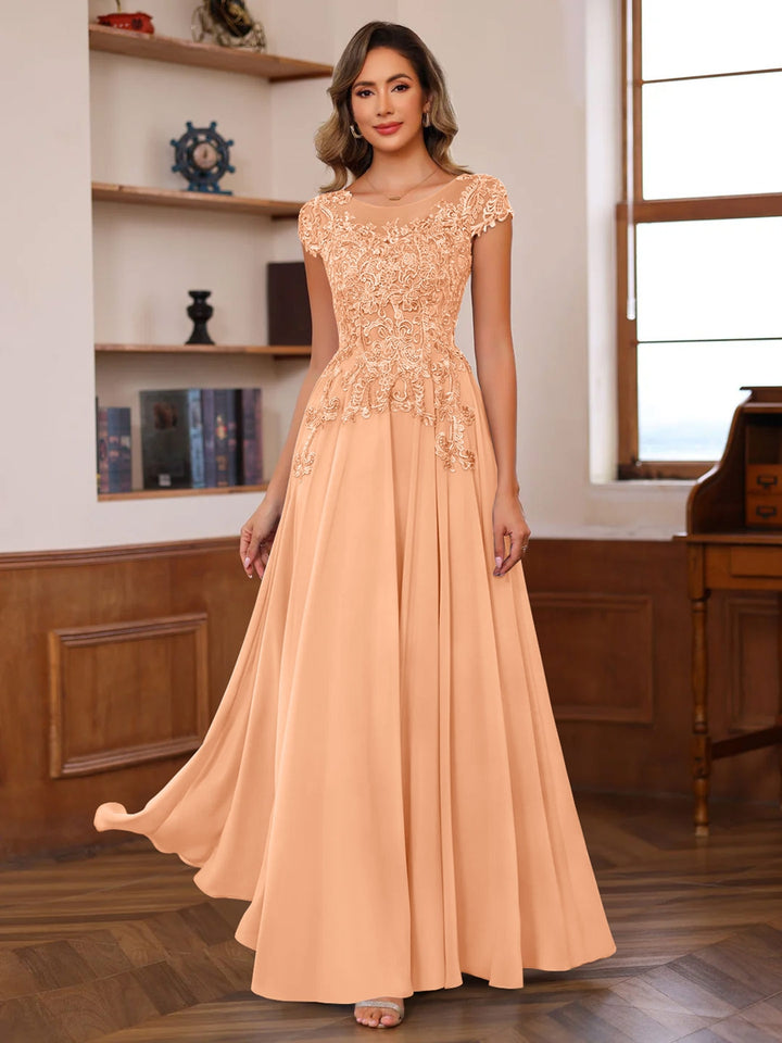 A-Line/Princess Scoop Neck Short Sleeves Floor-Length Mother of the Bride Dresses with Appliques
