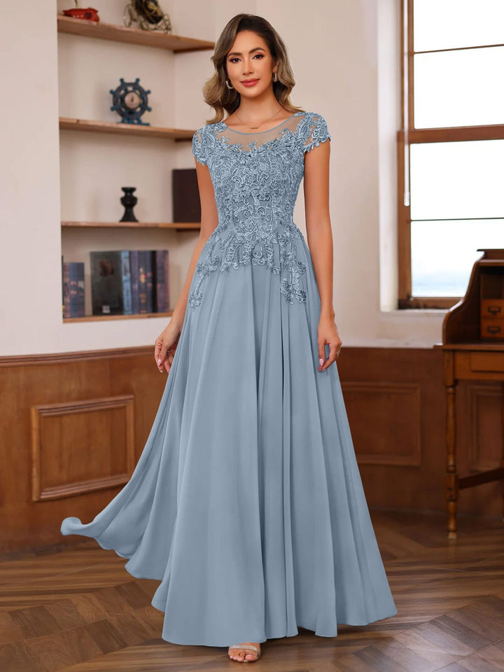 A-Line/Princess Scoop Neck Short Sleeves Floor-Length Mother of the Bride Dresses with Appliques