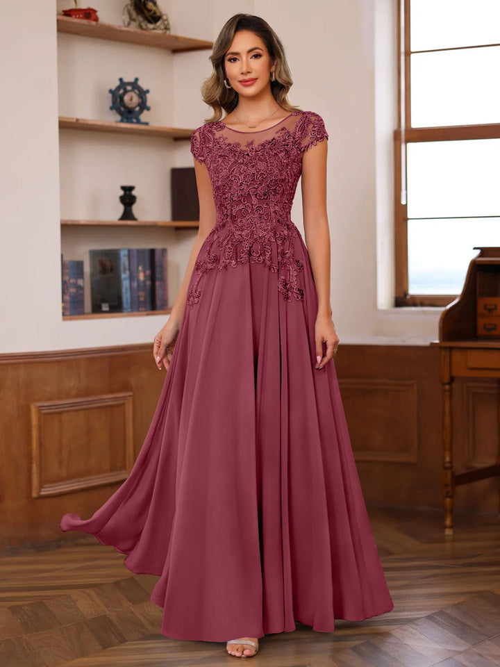 A-Line/Princess Scoop Neck Short Sleeves Floor-Length Mother of the Bride Dresses with Appliques