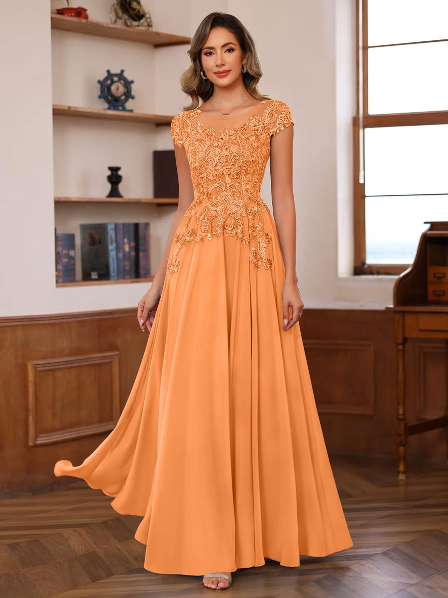 A-Line/Princess Scoop Neck Short Sleeves Floor-Length Mother of the Bride Dresses with Appliques