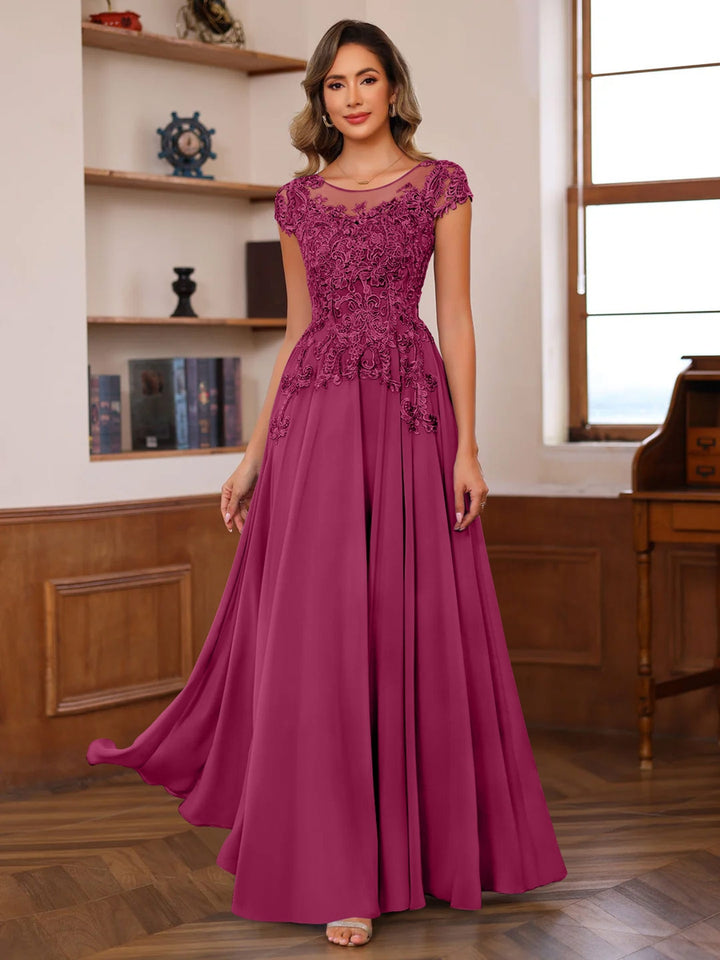 A-Line/Princess Scoop Neck Short Sleeves Floor-Length Mother of the Bride Dresses with Appliques