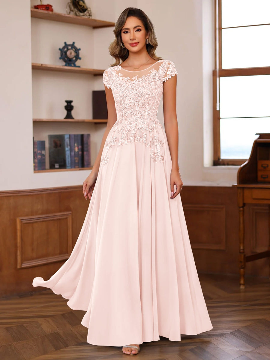 A-Line/Princess Scoop Neck Short Sleeves Floor-Length Mother of the Bride Dresses with Appliques