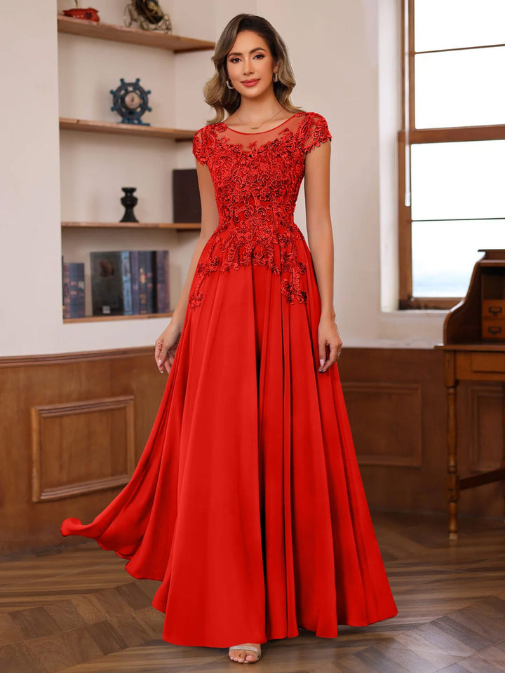 A-Line/Princess Scoop Neck Short Sleeves Floor-Length Mother of the Bride Dresses with Appliques