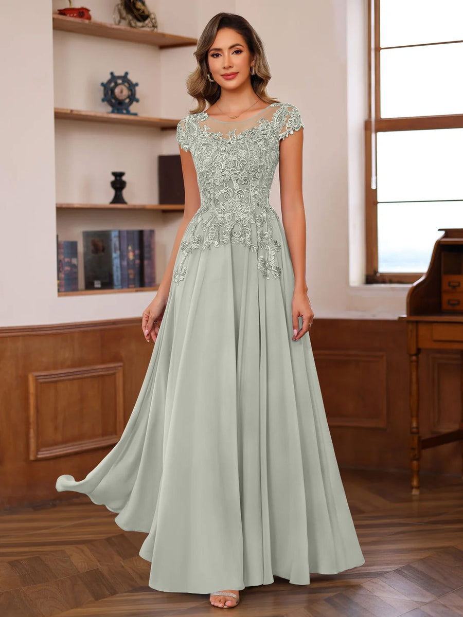 A-Line/Princess Scoop Neck Short Sleeves Floor-Length Mother of the Bride Dresses with Appliques