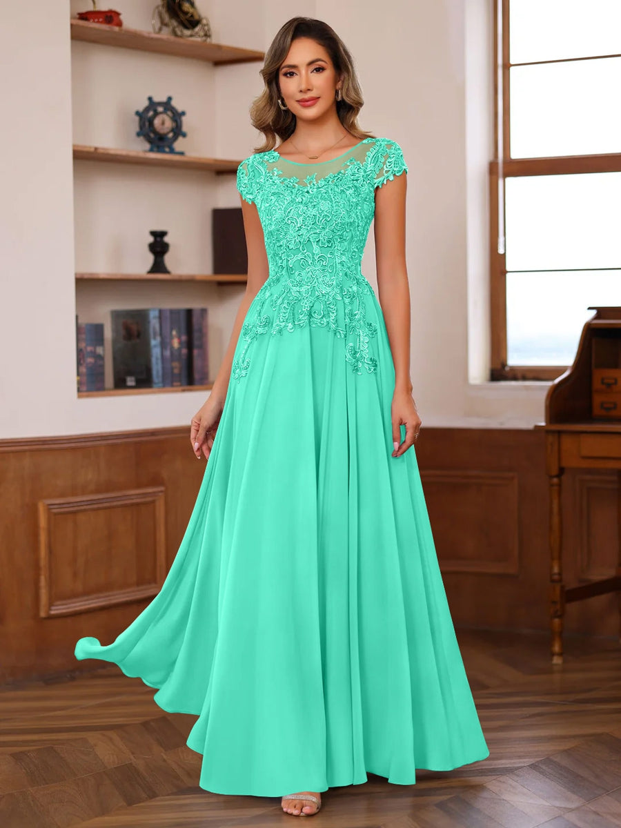 A-Line/Princess Scoop Neck Short Sleeves Floor-Length Mother of the Bride Dresses with Appliques