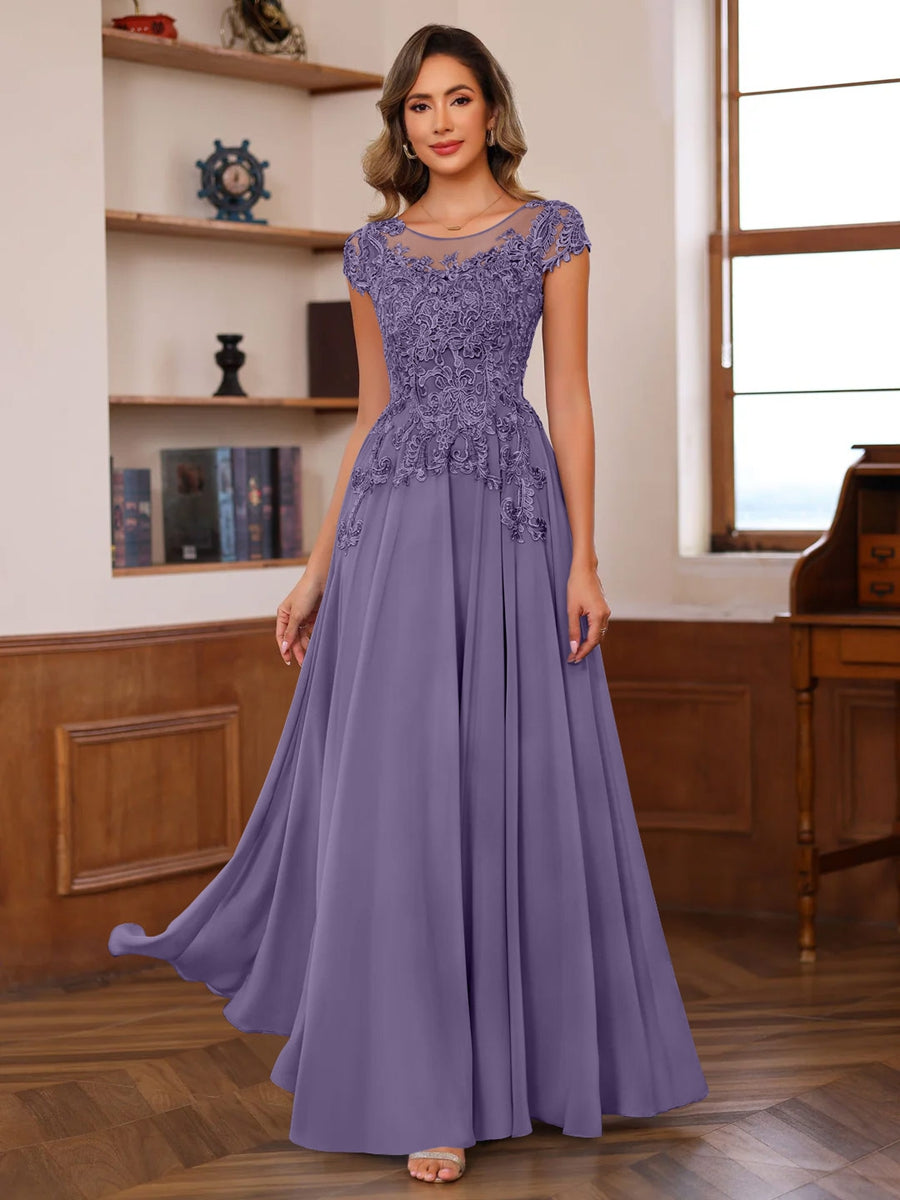 A-Line/Princess Scoop Neck Short Sleeves Floor-Length Mother of the Bride Dresses with Appliques