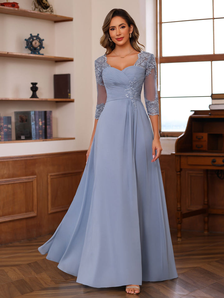 A-Line/Princess Sweetheart Neck 3/4 Length Sleeves Floor-Length Mother Of The Bride Dresses With Lace, Ruffles & Appliques