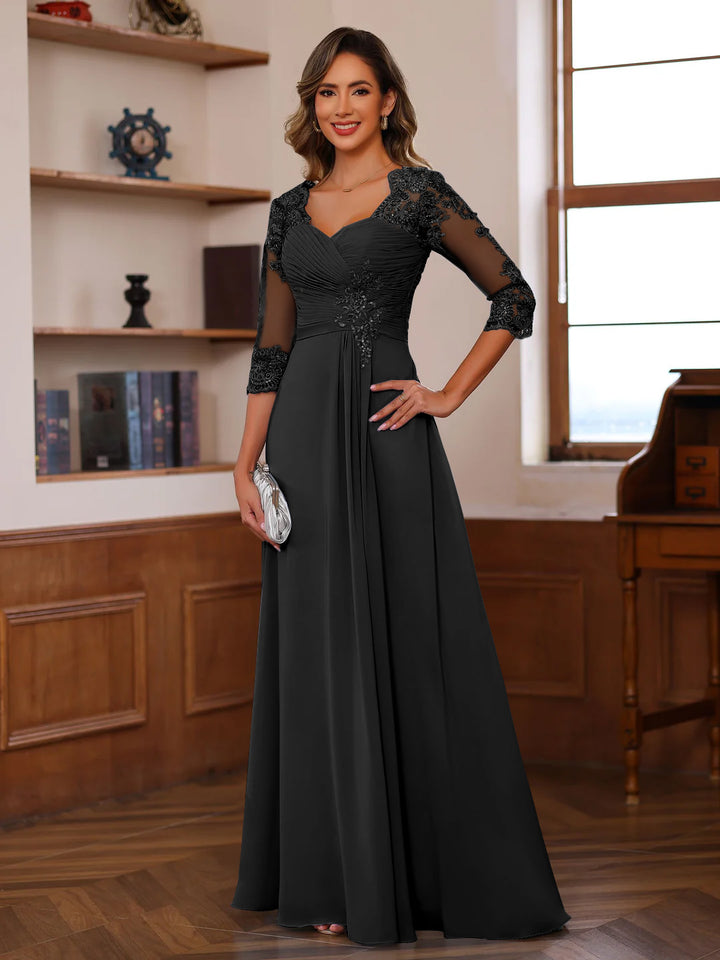 A-Line/Princess Sweetheart Neck 3/4 Length Sleeves Floor-Length Mother Of The Bride Dresses With Lace, Ruffles & Appliques