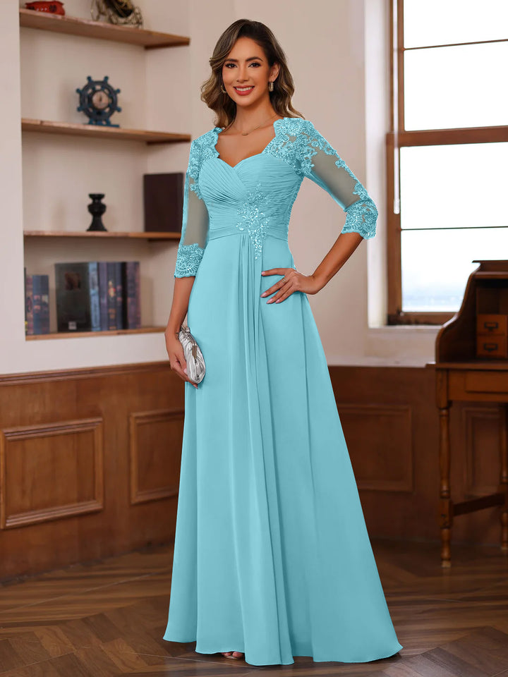 A-Line/Princess Sweetheart Neck 3/4 Length Sleeves Floor-Length Mother Of The Bride Dresses With Lace, Ruffles & Appliques