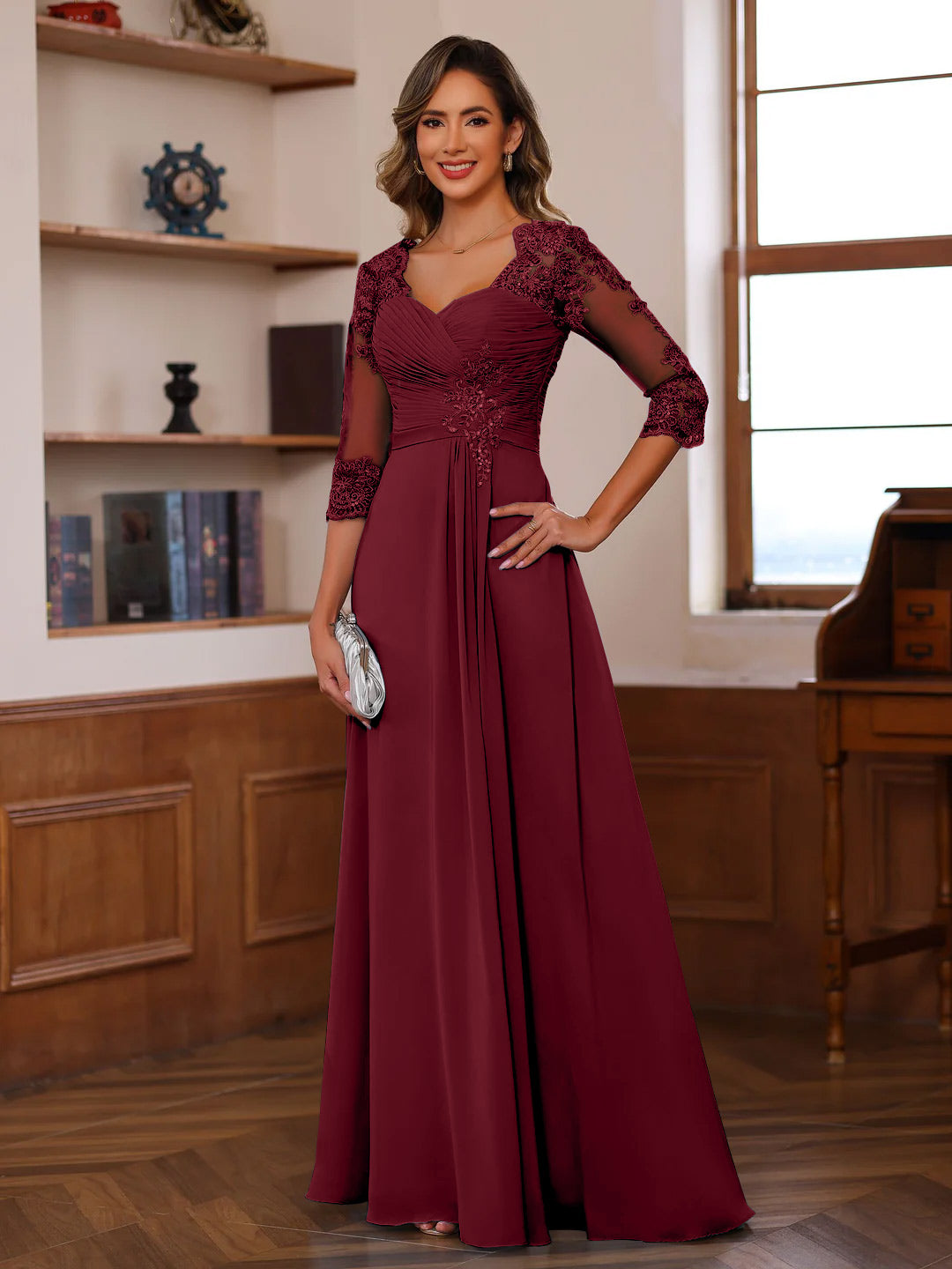 A-Line/Princess Sweetheart Neck 3/4 Length Sleeves Floor-Length Mother Of The Bride Dresses With Lace, Ruffles & Appliques