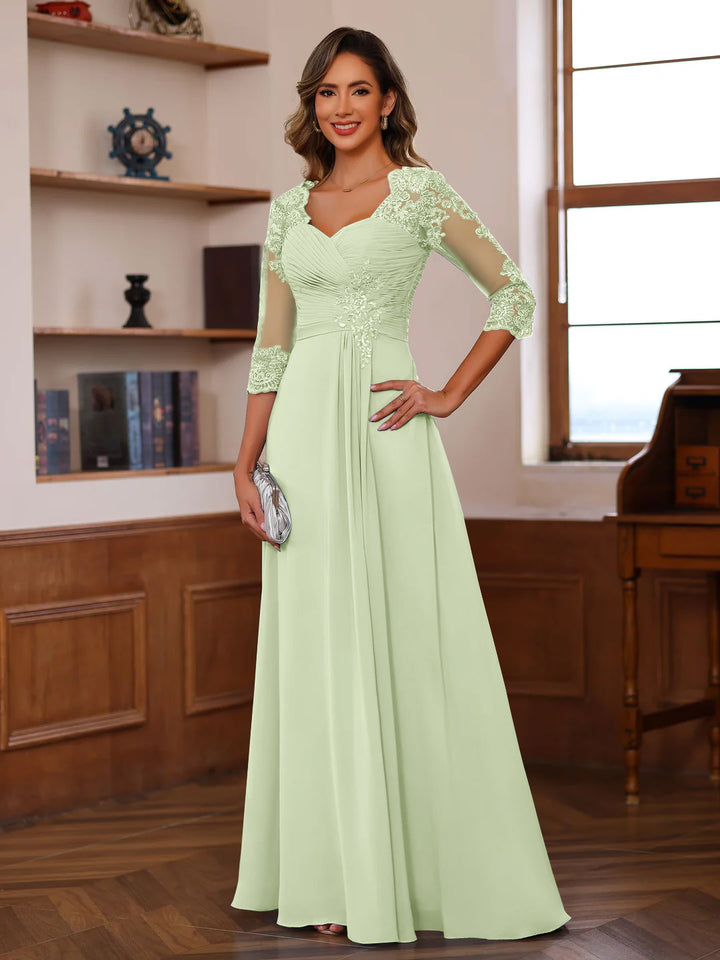 A-Line/Princess Sweetheart Neck 3/4 Length Sleeves Floor-Length Mother Of The Bride Dresses With Lace, Ruffles & Appliques