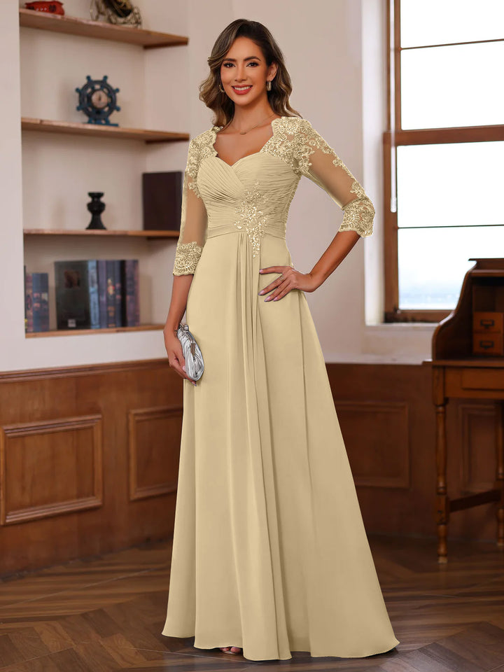 A-Line/Princess Sweetheart Neck 3/4 Length Sleeves Floor-Length Mother Of The Bride Dresses With Lace, Ruffles & Appliques