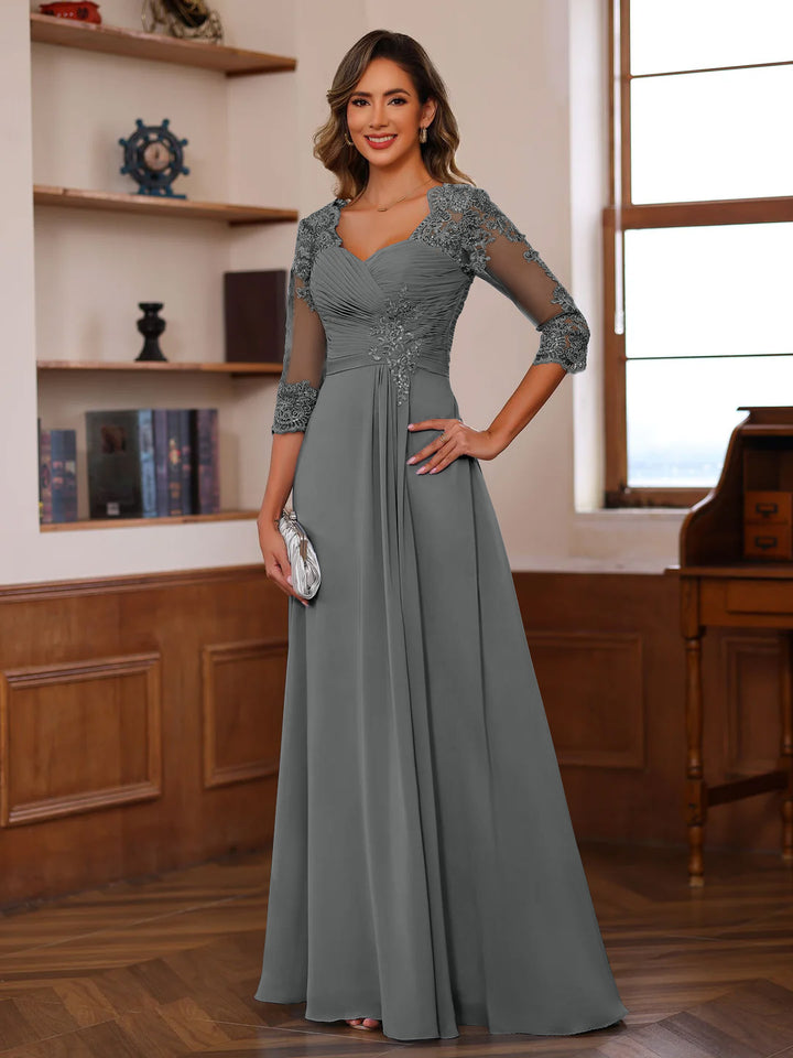 A-Line/Princess Sweetheart Neck 3/4 Length Sleeves Floor-Length Mother Of The Bride Dresses With Lace, Ruffles & Appliques
