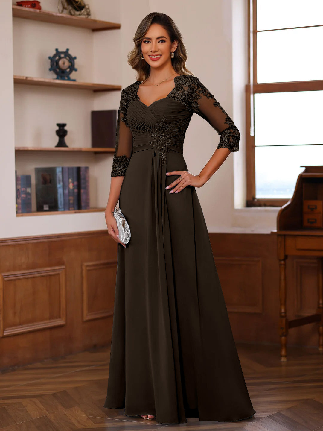 A-Line/Princess Sweetheart Neck 3/4 Length Sleeves Floor-Length Mother Of The Bride Dresses With Lace, Ruffles & Appliques