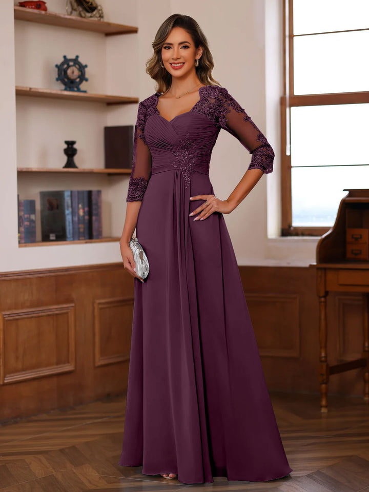 A-Line/Princess Sweetheart Neck 3/4 Length Sleeves Floor-Length Mother Of The Bride Dresses With Lace, Ruffles & Appliques