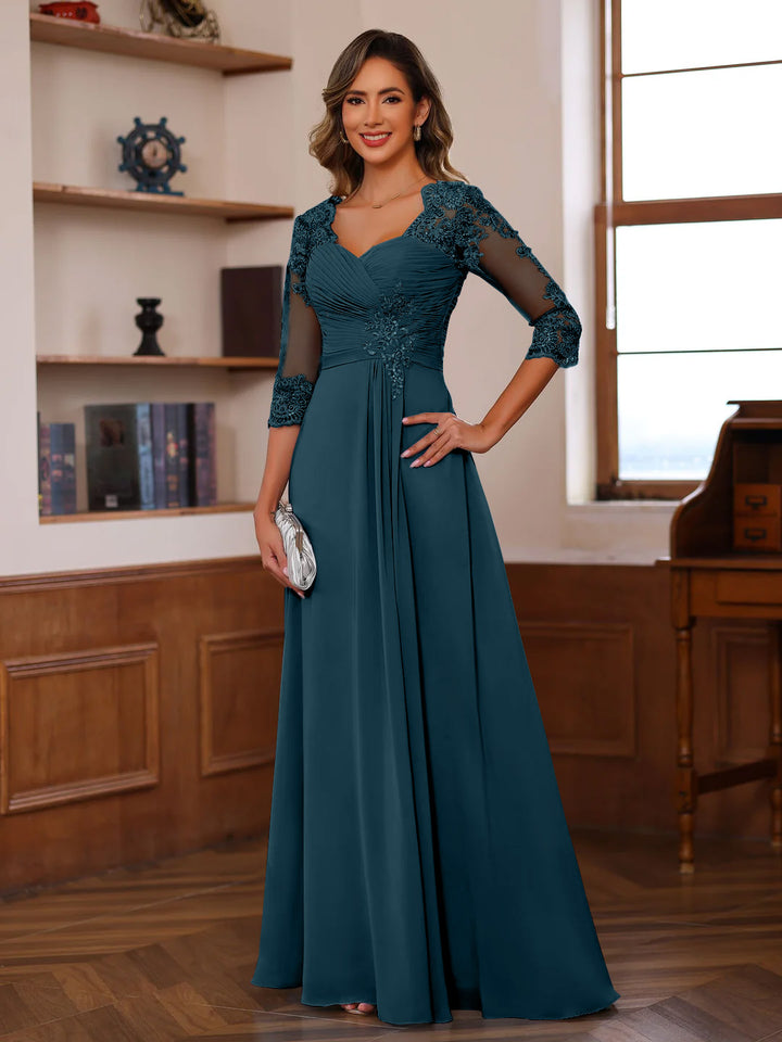 A-Line/Princess Sweetheart Neck 3/4 Length Sleeves Floor-Length Mother Of The Bride Dresses With Lace, Ruffles & Appliques