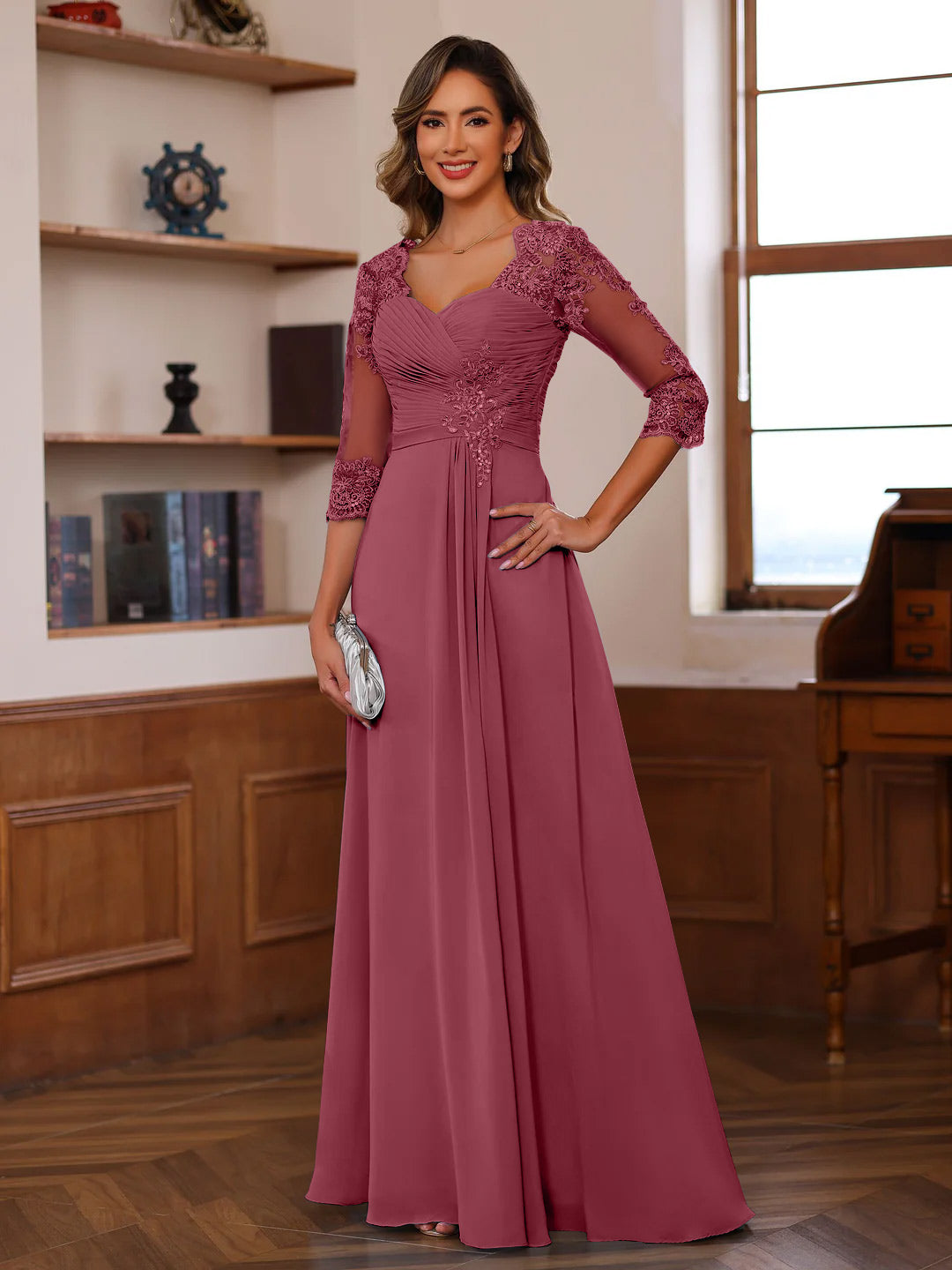 A-Line/Princess Sweetheart Neck 3/4 Length Sleeves Floor-Length Mother Of The Bride Dresses With Lace, Ruffles & Appliques