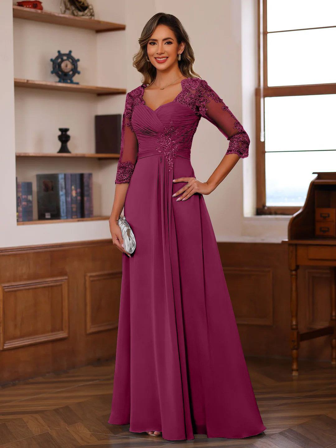 A-Line/Princess Sweetheart Neck 3/4 Length Sleeves Floor-Length Mother Of The Bride Dresses With Lace, Ruffles & Appliques