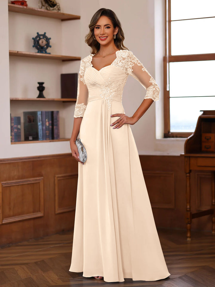 A-Line/Princess Sweetheart Neck 3/4 Length Sleeves Floor-Length Mother Of The Bride Dresses With Lace, Ruffles & Appliques
