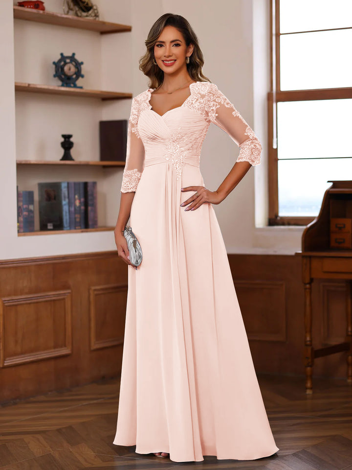 A-Line/Princess Sweetheart Neck 3/4 Length Sleeves Floor-Length Mother Of The Bride Dresses With Lace, Ruffles & Appliques