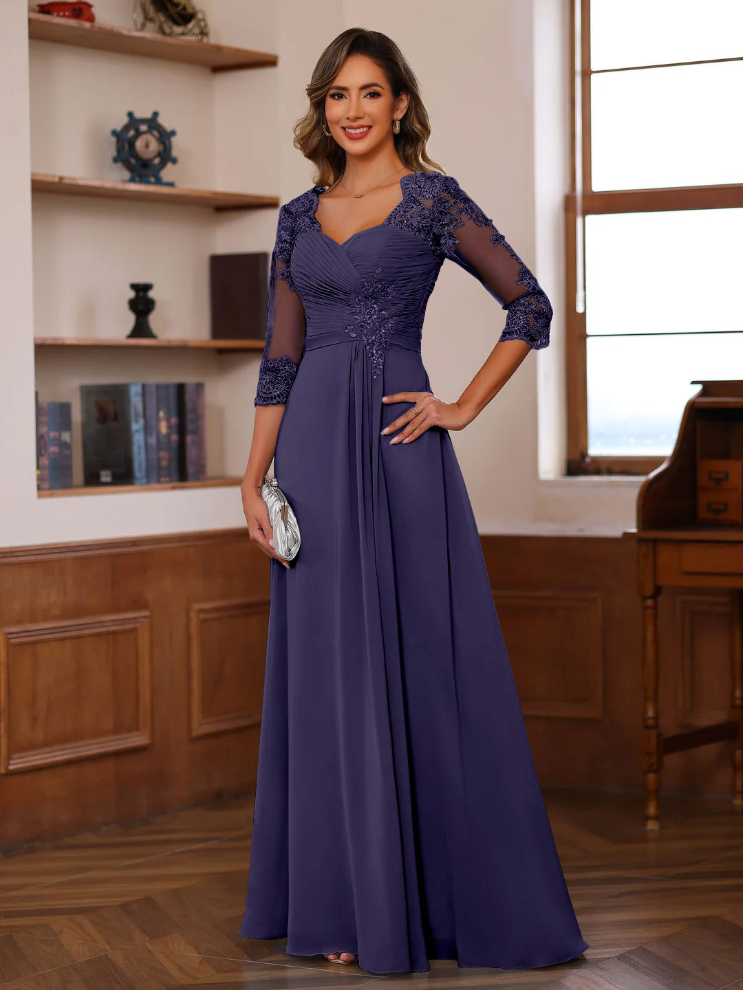 A-Line/Princess Sweetheart Neck 3/4 Length Sleeves Floor-Length Mother Of The Bride Dresses With Lace, Ruffles & Appliques