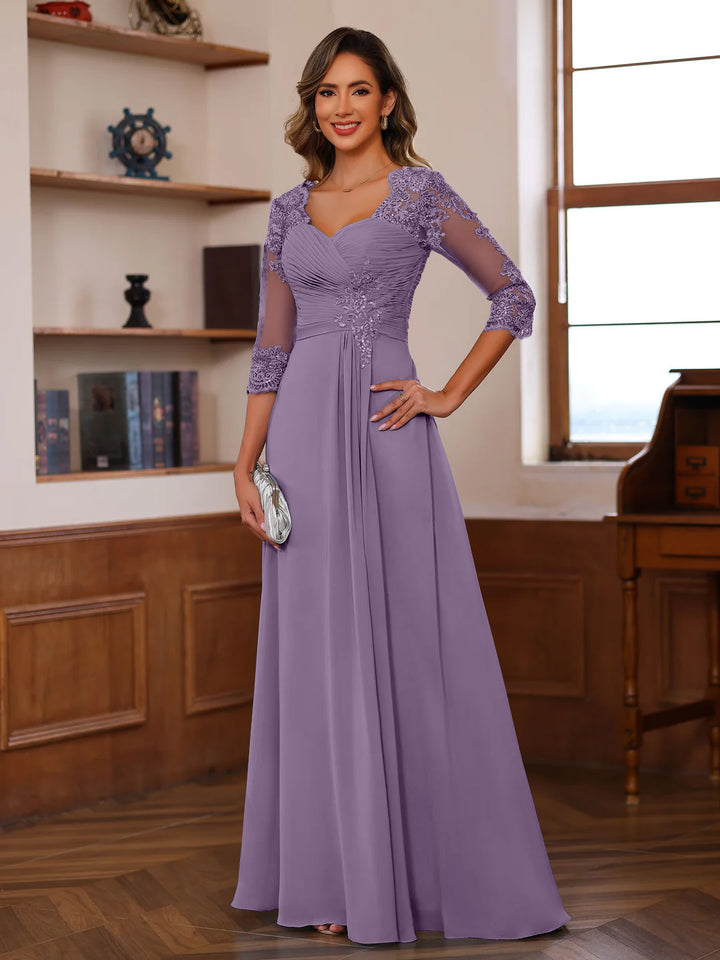 A-Line/Princess Sweetheart Neck 3/4 Length Sleeves Floor-Length Mother Of The Bride Dresses With Lace, Ruffles & Appliques
