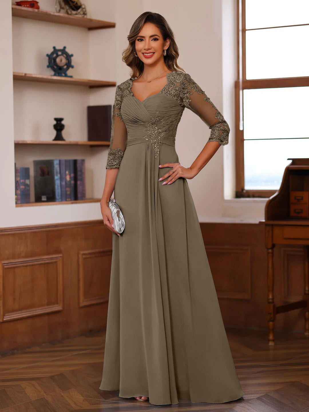 A-Line/Princess Sweetheart Neck 3/4 Length Sleeves Floor-Length Mother Of The Bride Dresses With Lace, Ruffles & Appliques