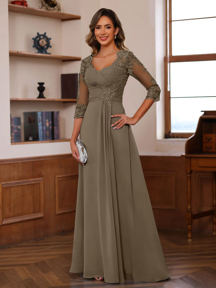 A-Line/Princess Sweetheart Neck 3/4 Length Sleeves Floor-Length Mother Of The Bride Dresses With Lace, Ruffles & Appliques