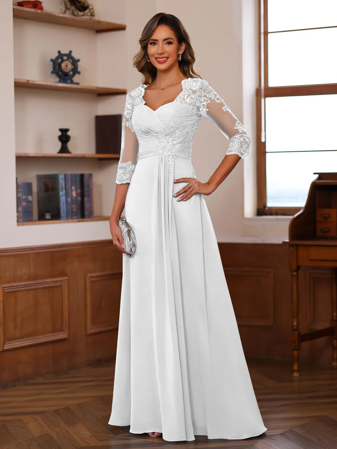 A-Line/Princess Sweetheart Neck 3/4 Length Sleeves Floor-Length Mother Of The Bride Dresses With Lace, Ruffles & Appliques