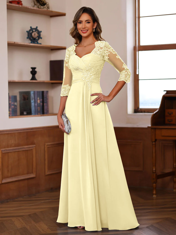 A-Line/Princess Sweetheart Neck 3/4 Length Sleeves Floor-Length Mother Of The Bride Dresses With Lace, Ruffles & Appliques